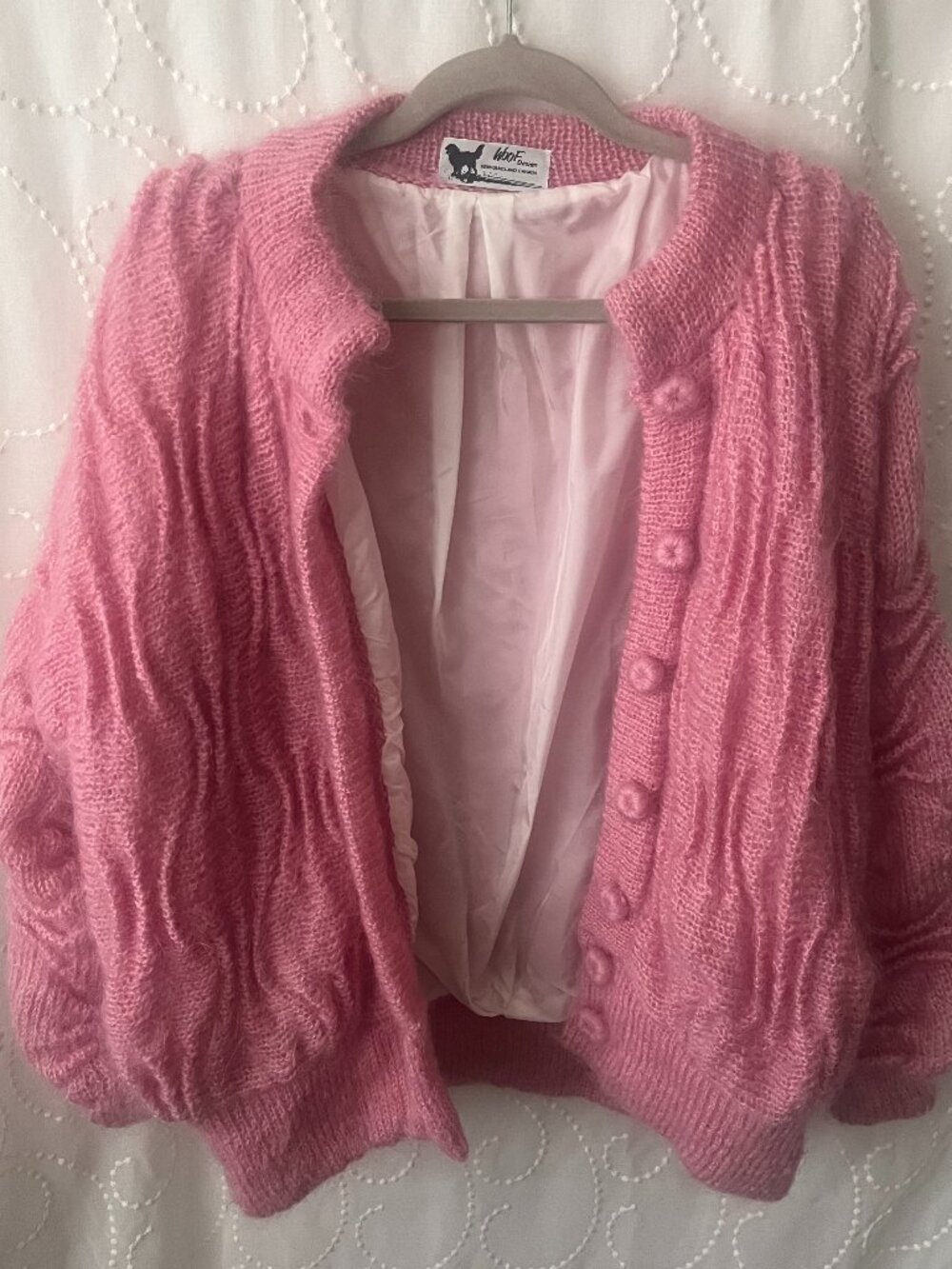 Vintage Woof Design Newfoundland Pink Mohair Wool Textured Cardigan size M